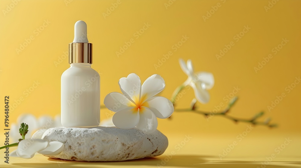 Skincare Products: Serum Bottle Placed on White Stone with White Flower and Yellow Background, Hand Edited Generative AI Skincare Products: Serum Bottle Placed on White Stone with White Flower and Yellow Background, Hand Edited Generative AI