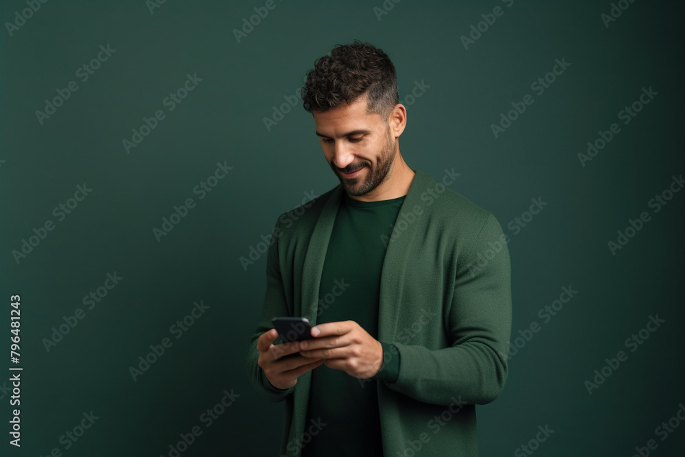 Man with phone on Forest Green studio background Man with phone on Forest Green studio background