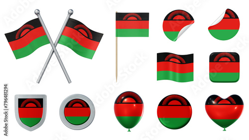 Set of objects with flag of Malawi isolated on transparent background. 3D rendering