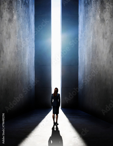 silhouette of a woman standing in front of a opening between two huge high walls