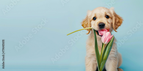 Cute little puppy dog with tulip flower in mouth on light blue background for Valentine's day or Mother's day or birthday card. photo