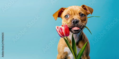 Cute little puppy dog with tulip flower in mouth on light blue background for Valentine's day or Mother's day or birthday card
