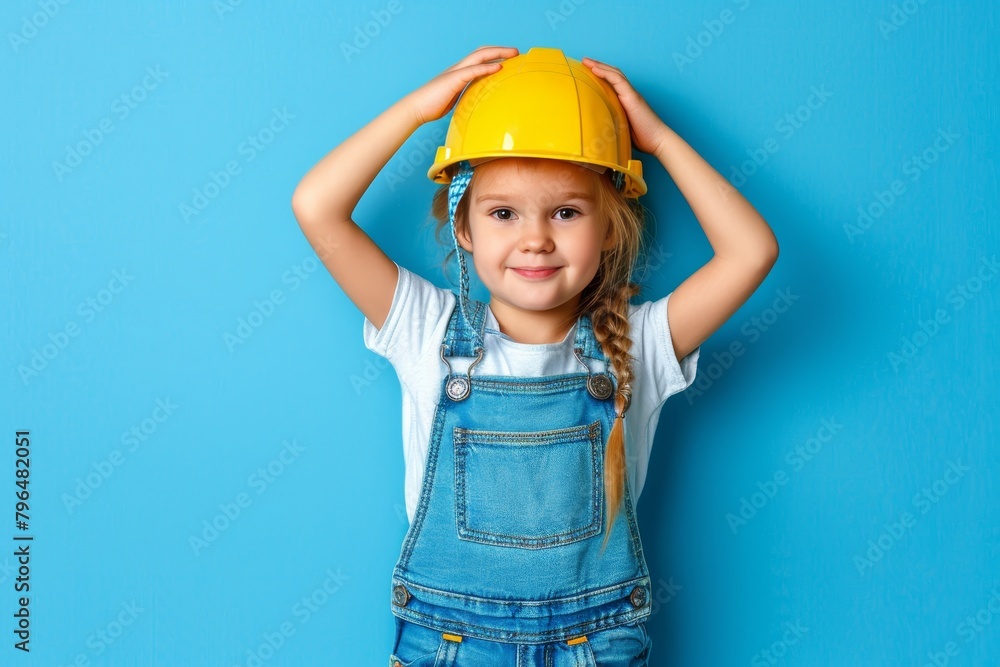 Happy girl in engineer outfit, smiling with yellow helmet, blue overalls, on pastel background Happy girl in engineer outfit, smiling with yellow helmet, blue overalls, on pastel background