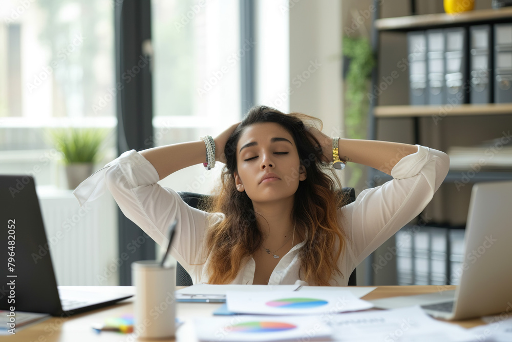 Business bookkeeper financial accountant feels tired but satisfied after completing big work amount. Relaxed young Latin woman with hands behind head sitting at office Business bookkeeper financial accountant feels tired but satisfied after completing big work amount. Relaxed young Latin woman with hands behind head sitting at office