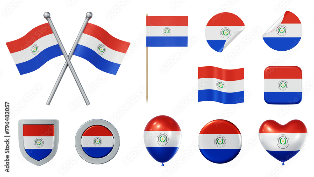 Set of objects with flag of Paraguay isolated on transparent background. 3D rendering Set of objects with flag of Paraguay isolated on transparent background. 3D rendering