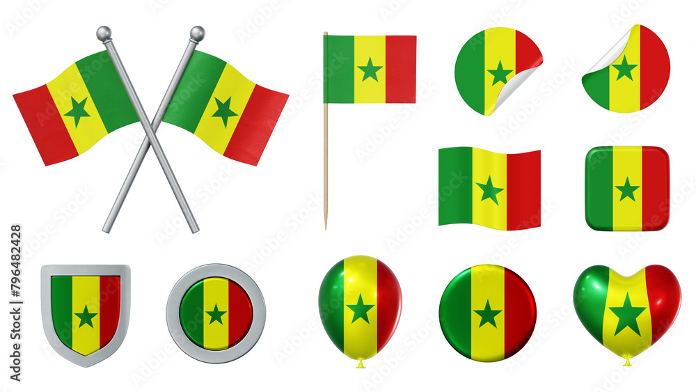 Set of objects with flag of Senegal isolated on transparent background. 3D rendering Set of objects with flag of Senegal isolated on transparent background. 3D rendering