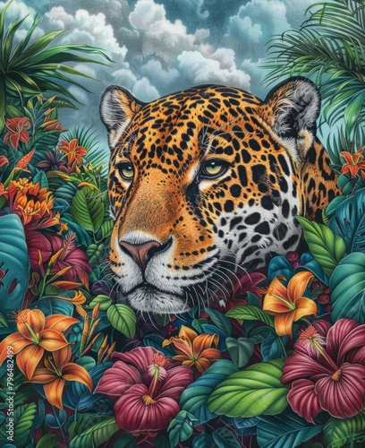 Jungle Majesty  Leopard Amidst Vivid Tropical Flora