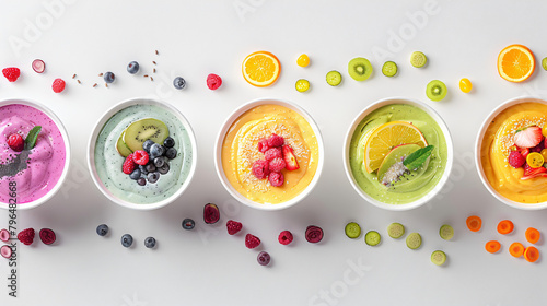 Smoothie Spectrum: Colorful Bowls in a Minimalist White Row