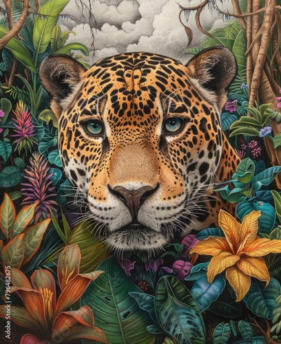 Majestic Jungle Jaguar Surrounded by Vibrant Flora