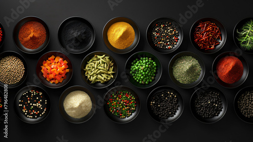 Spice Symmetry: Colorful Spices Arranged in Geometric Patterns on a Sleek Black Surface