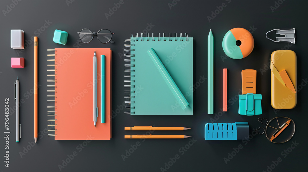 Obraz premium Sleek Stationery Display: Minimalist Composition of Colorful Items on a Black Desk