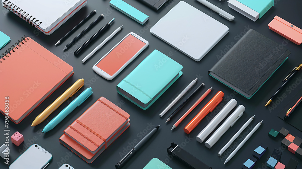 Sleek Stationery Display: Minimalist Composition of Colorful Items on a Black Desk