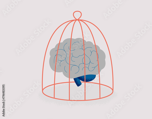Human brain locked in the cage. Fixed mindset or Creative stagnation concept. Mental health and neurological disorders. Vector illustration