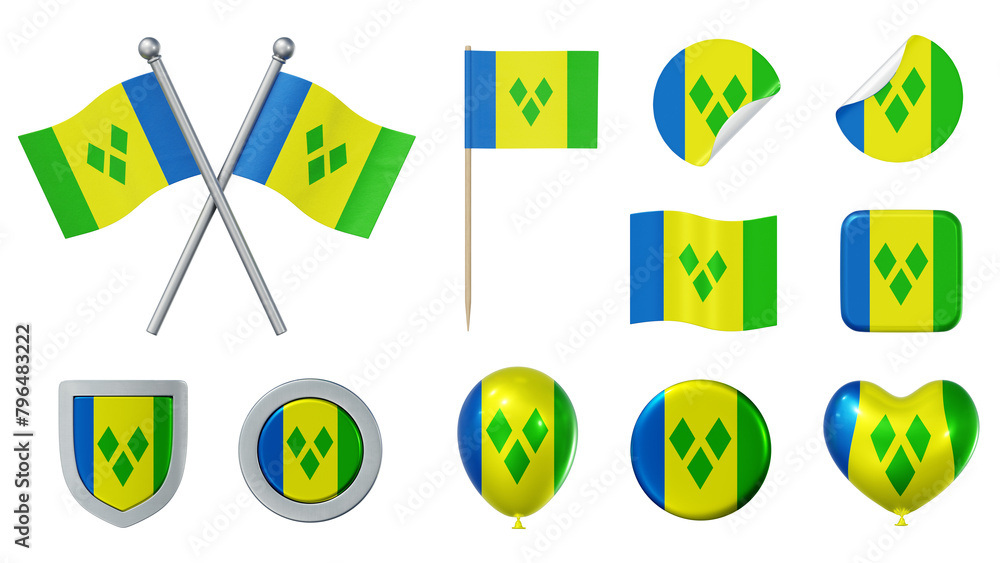 Set of objects with flag of Saint Vincent and the Grenadines isolated on transparent background. 3D rendering