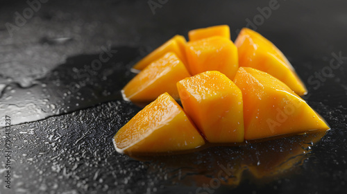 Tropical Temptation: Sliced Mango on a Sleek Black Surface