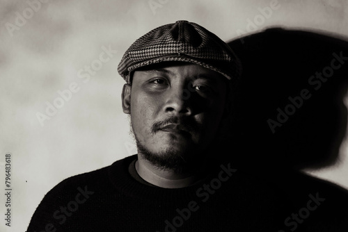 Asian man with mustache and beard and wearing scarf and newsboy hat poses close up. Detail of the face of an Asian man in his 30s wearing a newsboy hat and scarf in a monochrome photo photo