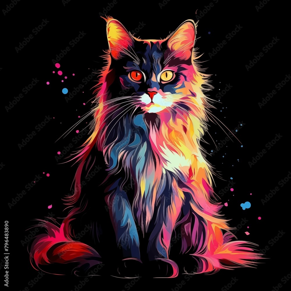 Abstract Colorful Illustration of a Cat on a Black Background