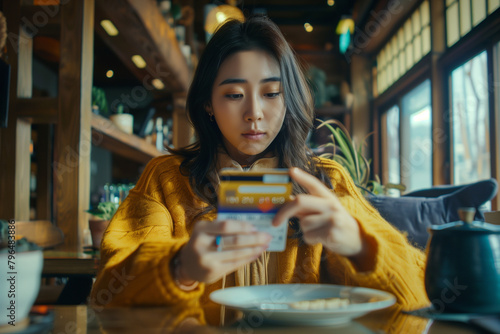 Close-up of female hands holding smartphone and credit card in cafe