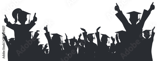 Happy crowd of graduates children in square academic caps. Cheerful people silhouette. Graduation ceremony. Vector  illustration.