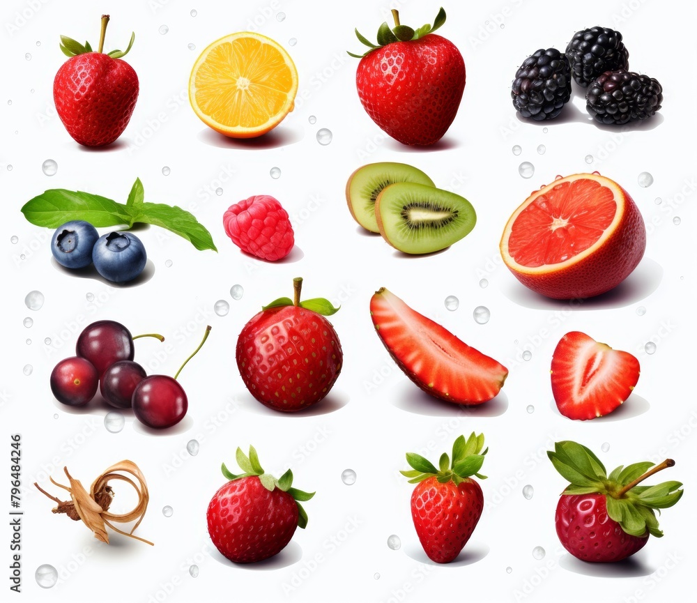There are 16 different kinds of fruit in the picture. They include strawberries, blackberries, raspberries, blueberries, cherries, and lemons among others.