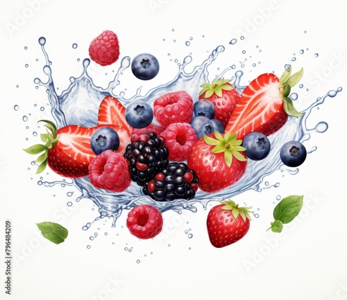 A variety of berries including strawberries, raspberries, and blueberries are shown here. The berries appear to have been dropped into water, as they are surrounded by a splash of water droplets.