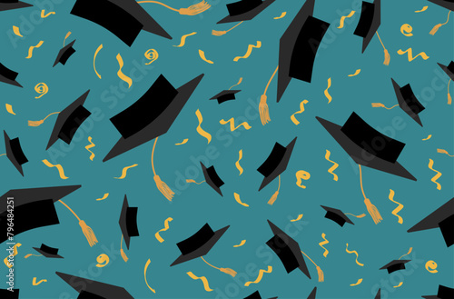 Flying graduation caps with confetti, seamless pattern. Graduation background. Vector illustration