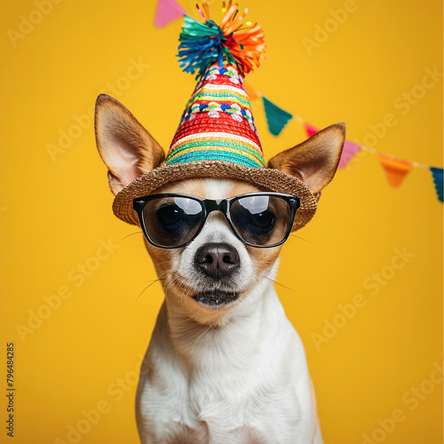 Funny party dog wearing colorful summer hat and stylish sunglasses. Yellow background