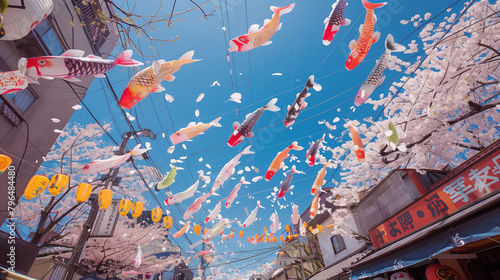Tango no Sekku celebration, where the streets are decorated with koi nobori flags flying in the sky, the background is decorated with blooming cherry trees, Ai generated Images