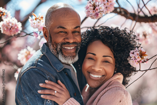 A happy African American couple smiling and embracing under a cherry blossom tree photo
