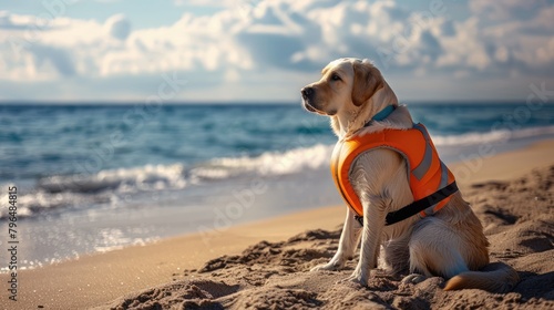A dog in a life jacket sits near the shore by the sea with space for text