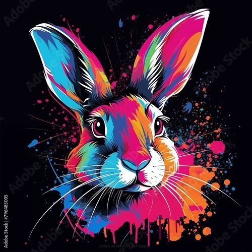 Abstract Colorful Headshot Illustration of a Rabbit on a Black Background