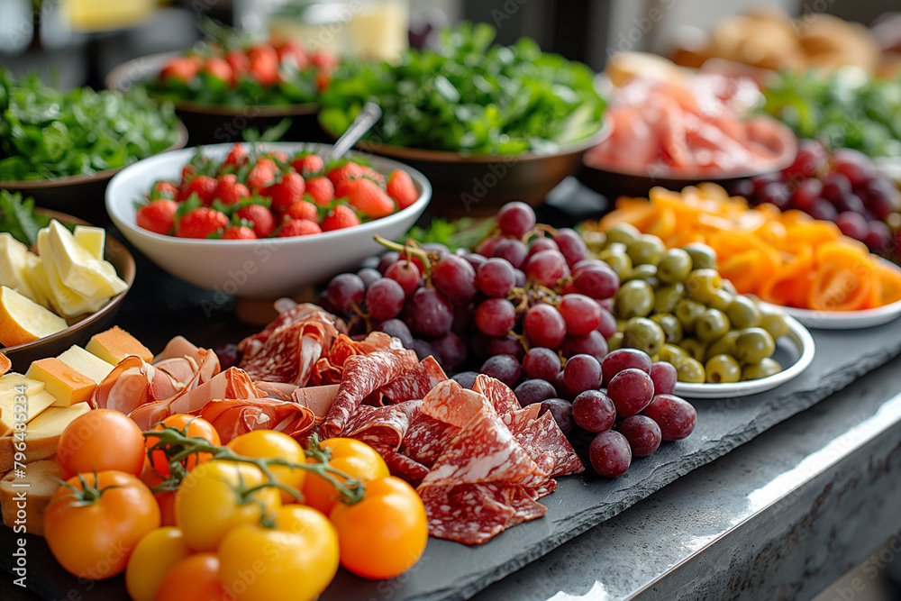 Luxury catering table, with variety of food, fruits or vegetables decorated  on corporate birthday party event or wedding