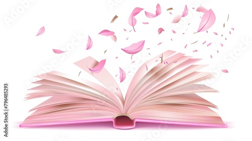Magic pink feathers float out of an open book photo
