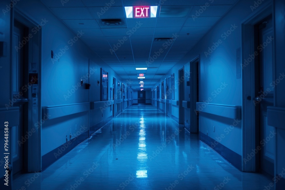 Quiet Hospital Corridor at Night with Illuminated Exit Sign Quiet Hospital Corridor at Night with Illuminated Exit Sign