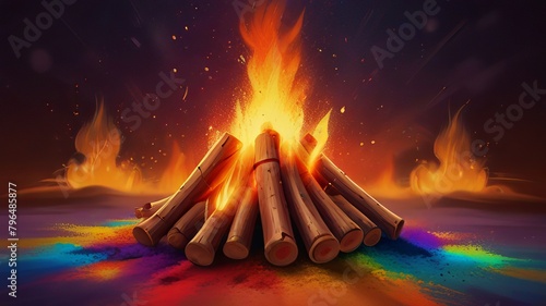 Dynamic Bonfire Illustration: Vibrant Powders Illuminate the Night