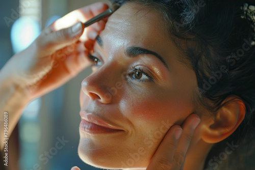 Makeup artist applies Makeup artist applies powder and blush . Beautiful Latin Woman face. Hand of make-up master puts blush on cheeks beauty model girl . Make up in process . Beautiful woman