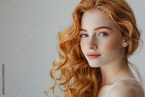 Radiant Young Woman with Flowing Red Hair and Subtle Smile Portrait