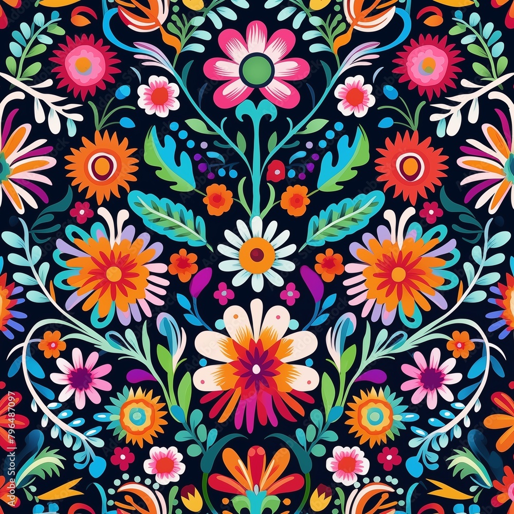 Colorful Symmetrical Floral Illustration with Folk Art Inspiration