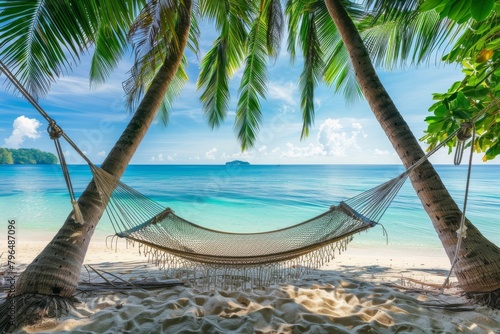 Serene Tropical Beach Paradise with Hammock between Palms