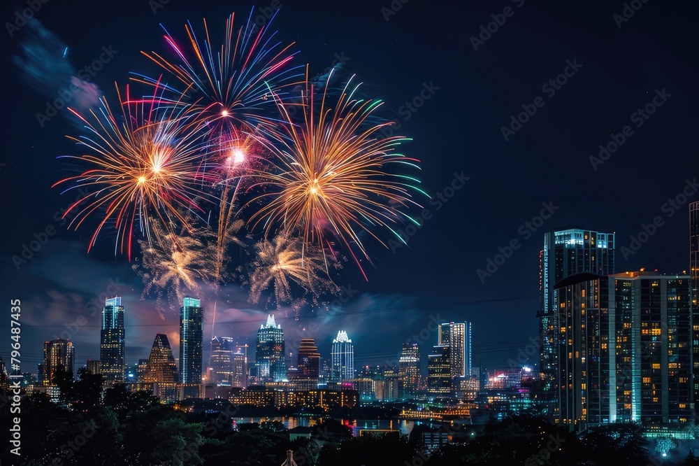 Fireworks over the city skyline in honor of the Fourth of July. Fireworks over the city skyline in honor of the Fourth of July.