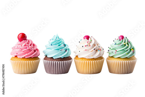 Symphony of Sweetness: Enchanted Cupcake Row. On a White or Clear Surface PNG Transparent Background.