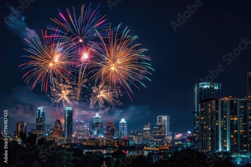 Fireworks over the city skyline in honor of the Fourth of July.
