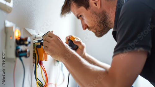 Witness the precision of a technician working on electrical connections with a multimeter in hand. AI generative. photo