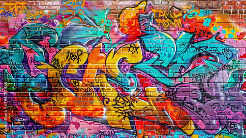 Kaleidoscope of graffiti lettering on a vibrant brick wall.