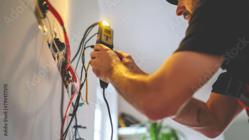 Witness the precision of a technician working on electrical connections with a multimeter in hand. AI generative. photo