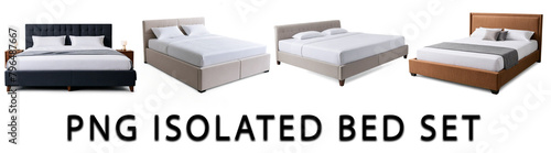 Set of 4 images of bed isolated with transparent background. Furniture collage for bedroom. 