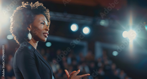 Inspirational African American woman captivates her audience at professional conference, her expression passionate as she speaks. The spotlight and blurred audience background emphasize her charizma photo