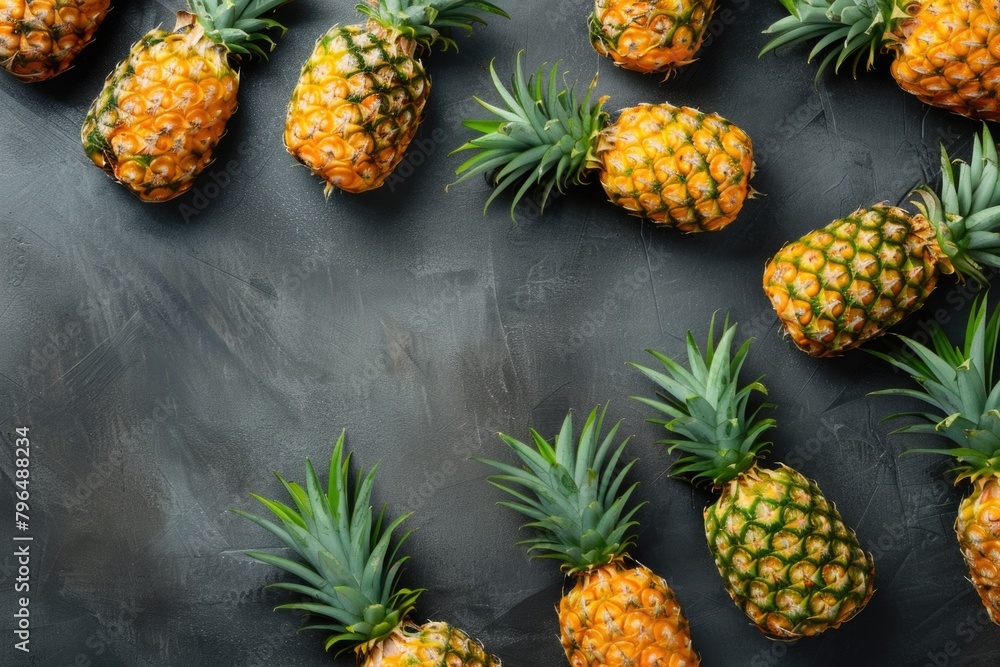 Many pineapples on dark table. Many pineapples on dark table.