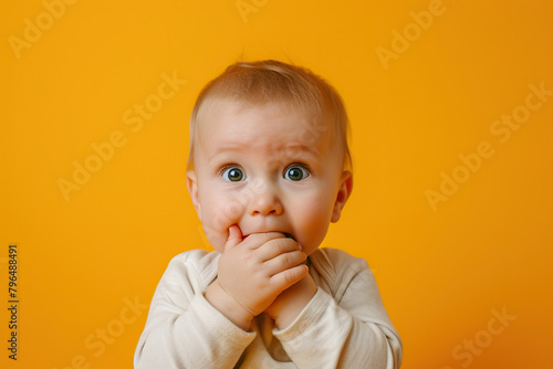 Nervous baby boy and biting nails in studio with oops reaction to gossip on yellow background