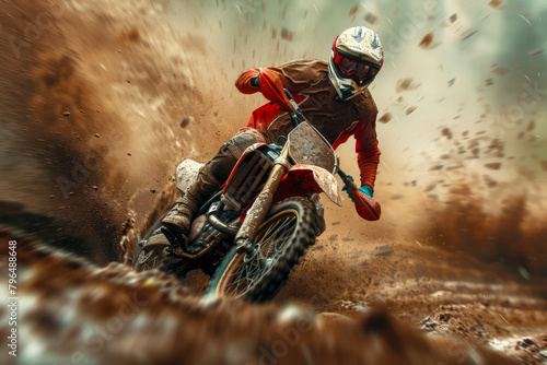 Adrenaline-fueled mountain motocross race with sand splashes  AI generative.